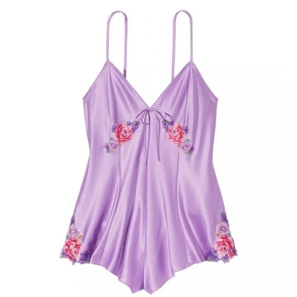 Victorias Secret Floral Embroidery Stretch Satin Romper Bodysuit Sexy Medium - Picture 3 of 10